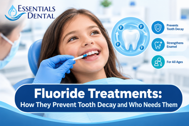 Dentist applying fluoride treatment to a child’s teeth to help prevent tooth decay.