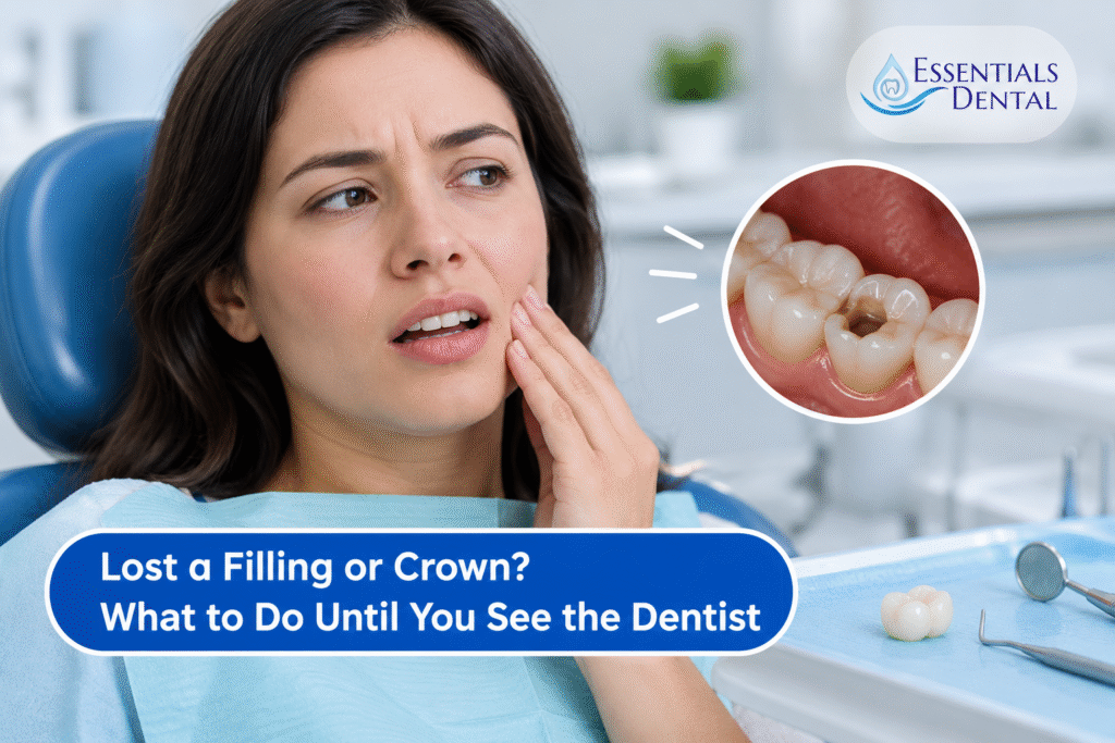 Woman experiencing tooth discomfort after losing a filling or crown, with a close-up of a damaged tooth.
